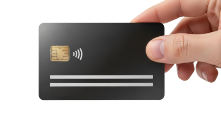 Isolated person holding a debit or credit card showing the EMV chip and contactless symbol.