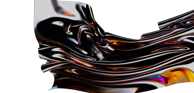 Dynamic abstract artwork featuring rippling, metallic fabric with a fluid and textured appearance, showcasing vibrant iridescent colors and a gl