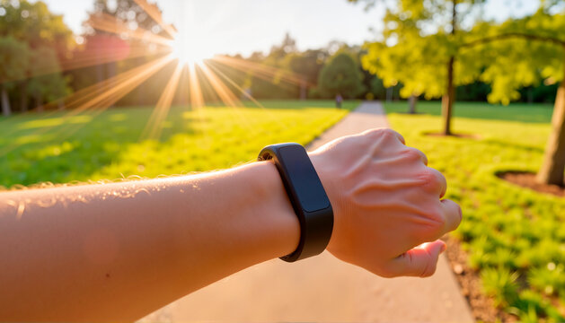 Man's hand wearing fitness tracker on wrist while walking in park