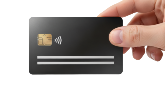 Isolated person holding a debit or credit card showing the EMV chip and contactless symbol.