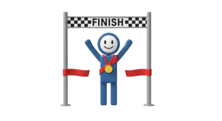 Isolated smiling 3D man crossing the finish line with award medal hanging from neck in celebration
