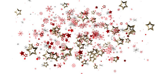 Abstract illustration featuring red and gold stars and snowflakes, perfect for holiday season, greeting cards, and winter themes. Isolated on wh