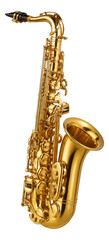 Gold saxophone on a white background.