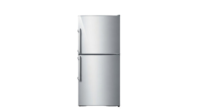 Isolated refrigerator with two doors, freezer and fridge is stainless steel color