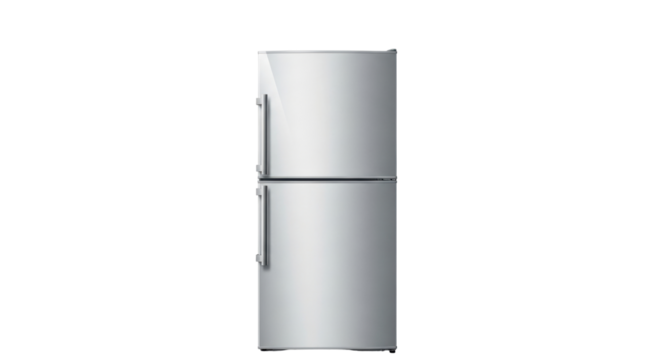 Isolated refrigerator with two doors, freezer and fridge is stainless steel color