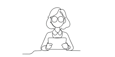 Minimalist one-line drawing of a woman wearing glasses, holding a tablet or document, representing online learning, digital reading, business professional, or modern education, study, work concepts.