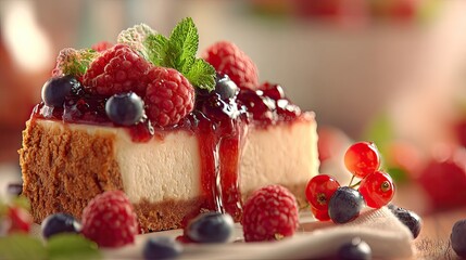 Close-up of a slice of berry cheesecake.