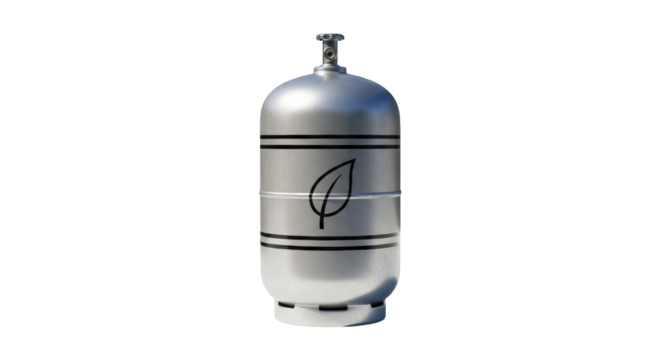 Isolated tank for eco-friendly biofuel, fuel with a leaf design, metal propane cylinder