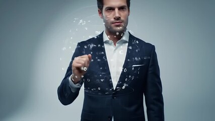 Businessman in Navy Suit Interacting with Digital Network on Light Gray Background Studio Shot Modern Technology Data Visualization Conceptual Presentation - Powered by Adobe