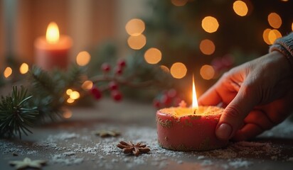 Cozy Christmas scene: a hand picks up a burning candle from a wooden table against a backdrop of blurred lights. Fir branches, berries, stars, and powdered sugar. Warm lighting (Copy space).