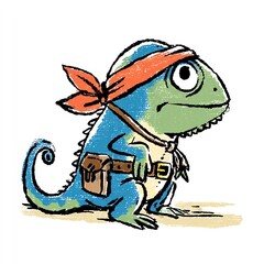 Obraz premium A cute chameleon adventurer ready for a journey with its gear and friendly smile.