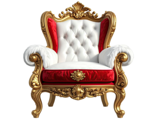 Ornate gold-framed throne chair with red and white upholstery