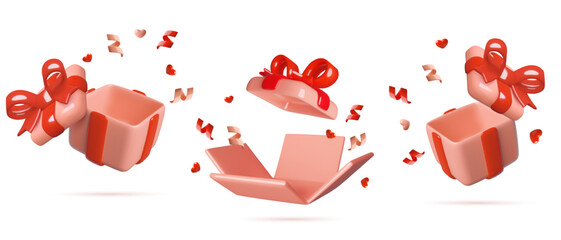 Red opened 3d gift boxes set exploding with hearts and confetti and empty inside. Three dimensional realistic birthday presents vector illustrations. 