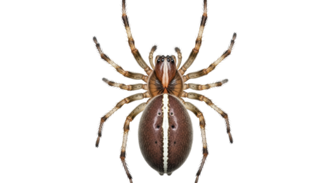 Isolated four-spotted orb-weaver spider animal with eight legs and brown abdomen markings