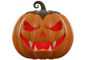 Spooky 3D Halloween Jack-o'-Lantern with Glowing Red Vampire Fangs and Evil Eyes Isolated