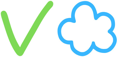 Hand-Drawn Green Checkmark and Blue Cloud Outline Icons for Digital Approval, Data, and Cloud Computing