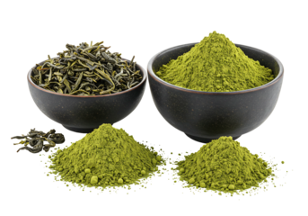 Green tea leaves and matcha powder in bowls on transparent background food and drink