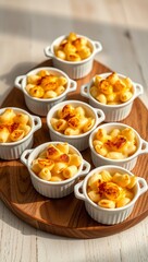 mini mac and cheese individual portions ramekin pasta baked pasta cheesy pasta melted cheese comfort food oven baked wooden board  
