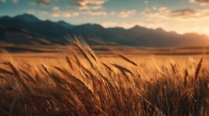 Obraz premium Golden wheat field sways gently in the breeze, with mountains in the background under soft sky. Serene landscape at golden hour. Agriculture.