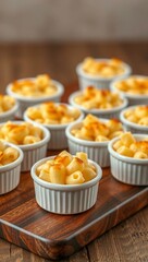 individual portions mini mac and cheese oven baked wooden board ramekin pasta cheesy pasta baked pasta melted cheese comfort food  
