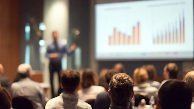 A presentation with a speaker and an audience watching a screen with a bar graph in a conference room - Powered by Adobe