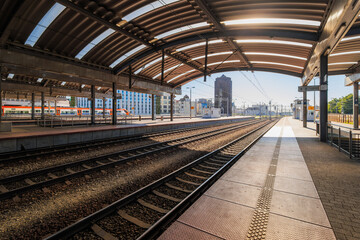 The main railway station hall in Katowice. The city panorama in the background.
