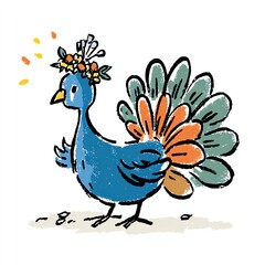 Fototapeta premium A charming, stylized peacock with a flower crown struts across a white canvas.