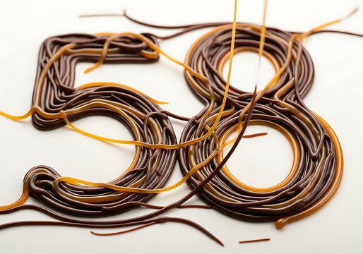 Playful number 58 artfully formed by flowing chocolate and caramel drizzle "noodling" on a white background.