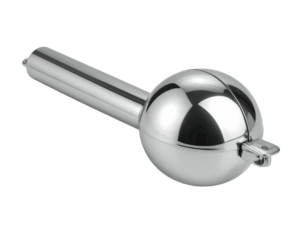 Polished chrome sphere attached to a long rod, showing a small latch