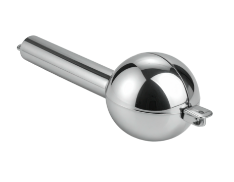 Polished chrome sphere attached to a long rod, showing a small latch