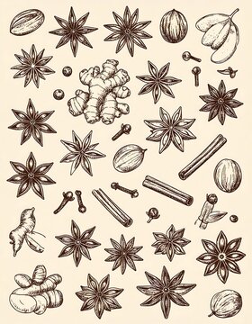 Vintage spice illustration.  Detailed hand-drawn graphic of various spices, including star anise, ginger, cloves, cinnamon sticks, nuts, and other botanical elements