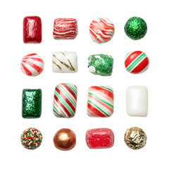 Christmas candy assortment, white on white background background high quality image simple stock photo clean background clear detail studio lighting minimal style centered view soft light sharp focus