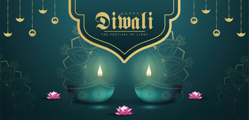 Diwali Celebration with Mandala, Diyas, and Lotus on Teal Background