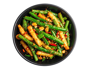 Stir-fried green beans with crispy noodles, peanuts, and chili