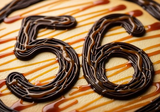 Intricate Chocolate and Caramel Number 56 Dessert Decoration with Swirls and Dripping Caramel, Ideal for Celebrations