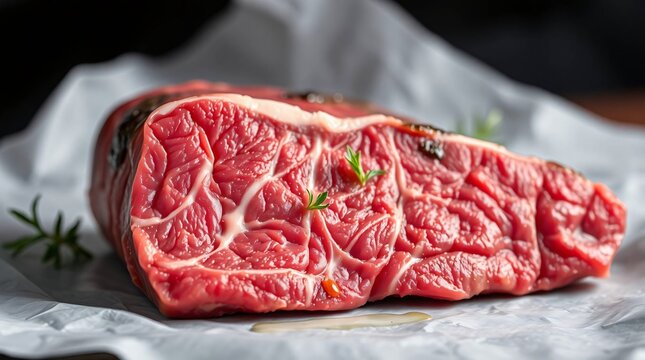 Fresh Cut of Red Meat: A succulent and vibrant raw cut of red meat is showcased on a textured surface, ready for culinary creativity, evoking appetite and culinary anticipation.