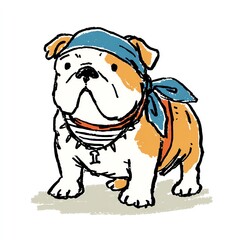 Obraz premium A whimsical bulldog, dressed as a pirate, stands against a white background, drawn cute.