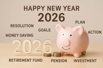 Happy New Year 2026 with piggy bank. Resolution, Goals, Plan, Action, Money Saving, Retirement fund, Pension, Investment and Financial concepts.