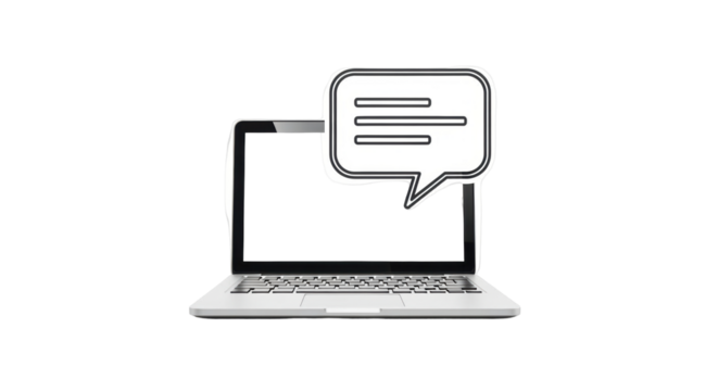 Isolated laptop with conversation bubble floating above screen for social media concept