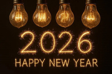 Luxury beautiful retro or vintage dirty light bulb decor hanging with 2026 Happy new year concept written number by sparkle firework.