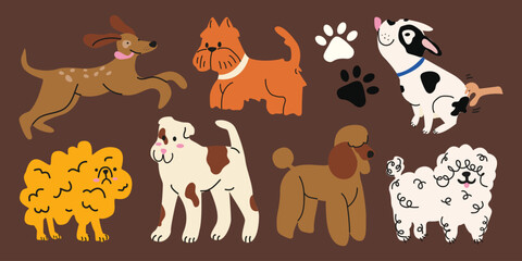Cute cartoon dogs character collection in various poses and different breeds. Funny domestic animals with happy charming playful expression. Vector illustration © luamor