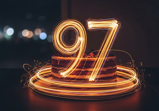 Dynamic 97th Celebration Number Made of Sparkler Light Trails on a Cake, Festive and Energetic