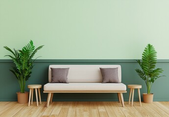 Fototapeta premium Modern Living Room with Sofa, Potted Plants, and Green Wall Decor