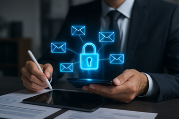 Man secures a glowing blue digital padlock connecting multiple email messages and envelopes on a smartphone representing secure communication internet privacy and protection of confidential