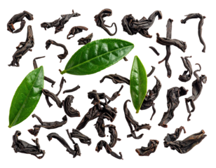 Dark tea leaves scattered with vibrant green tea leaves
