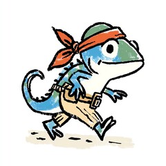 Obraz premium A cheerful chameleon strolls along, wearing a stylish bandana and khaki shorts. He smiles and looks happy on his adventure.