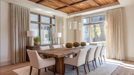 Fototapeta premium modern craftsman dining room, wood ceiling grid, rustic wood table, tapered leg chairs, warm light and soft curtain