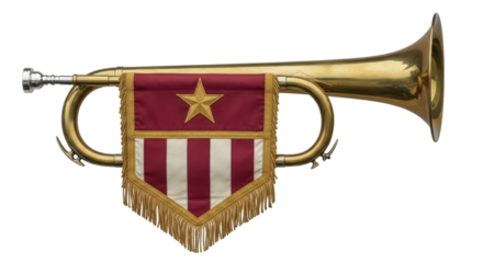Isolated antique cavalry bugle with flag, close-up—brass trumpet, historical musical instrument