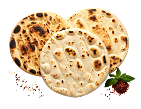 Three round, baked flatbreads, light golden-brown with darker, mottled, grill marks