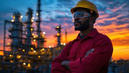 A worker in a red jumpsuit and hard hat gazes proudly in front of a refinery at sunset
